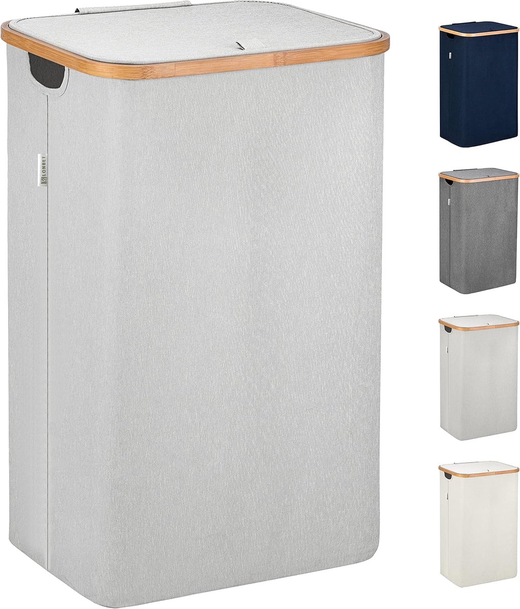 Wasmand met deksel - Opvouwbaar en Waterdicht - 50L - Lichtgrijs - Bamboe