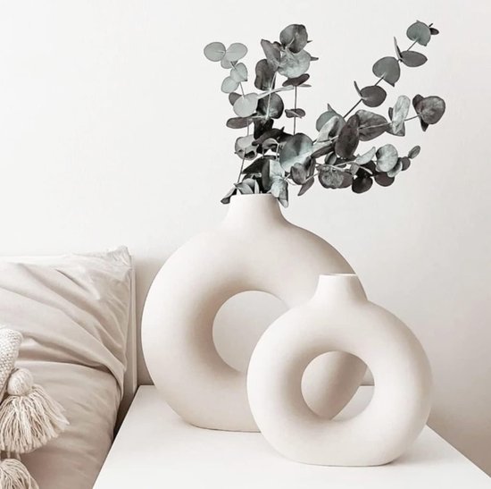 Lot De 2 Vases Céramique Blanc Et Or – Style Minimaliste – Déco Bohème – Pour Fleurs
