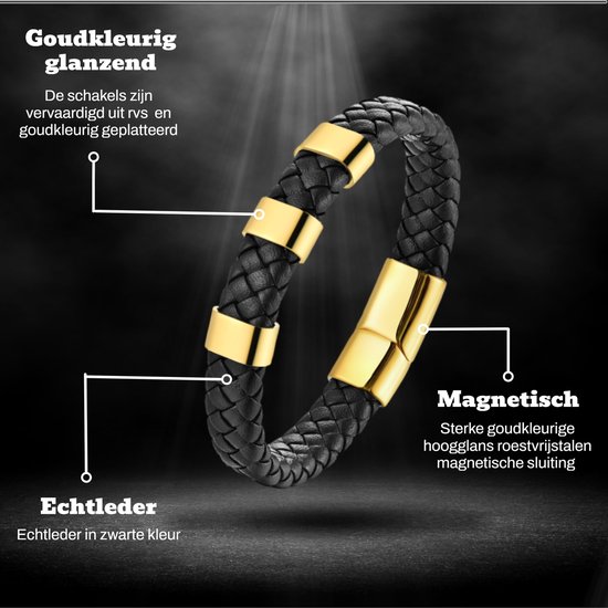 Bracelet Homme Zwart - Couleur Or avec fermoir aimanté - Ajustable de 19,5cm à 21cm - Bracelet maillons Mauro Vinci® Panor - Bracelet cuir avec emballage cadeau