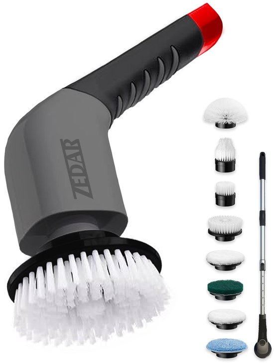 9 in 1 Elektrische Schoonmaakborstel – Schrobber Met Steel – Poetsmachine – Schrobborstel – Polijstmachine - Voor Badkamer en Keuken – 9 Opzetstukken - Zedar T300