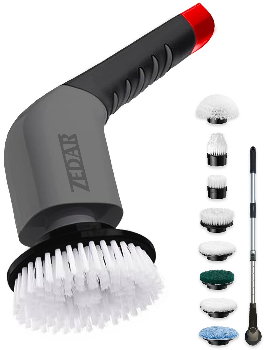 Goedkoopste 9 in 1 Elektrische Schoonmaakborstel – Schrobber Met Steel – Poetsmachine – Schrobborstel – Polijstmachine - Voor Badkamer en Keuken – 9 Opzetstukken - Zedar T300