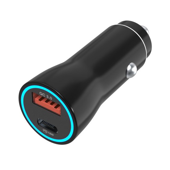 Chargeur allume-cigare noir avec boutons argentés, bordure éclairée en bleu, port USB-C et USB.