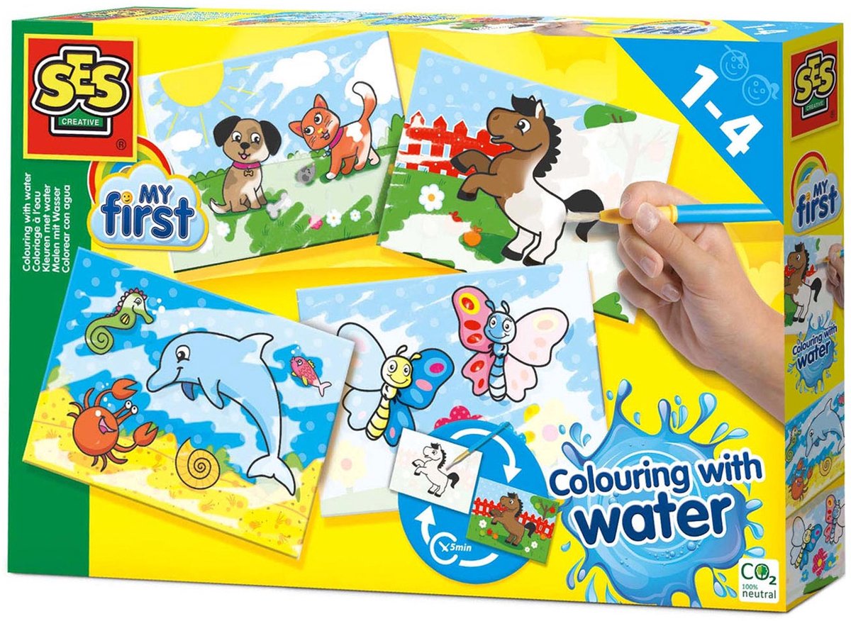 SES - My First - Verven - Kleuren met water - zonder geknoei - inclusief 4 voorbedrukte kaarten en kwast - steeds opnieuw te gebruiken