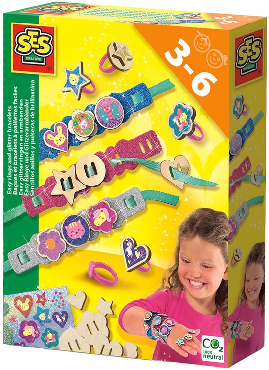 SES Creative - Easy Glitter Ringen en Armbanden - sieraden maken - kunststof kinderringen en houten bedels - met glitter - speelgoed vanaf 3 jaar - Knutselen