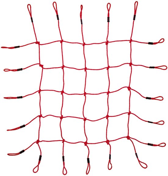 Rood klimnet met lussen aan de randen en zwart versterkte knopen.