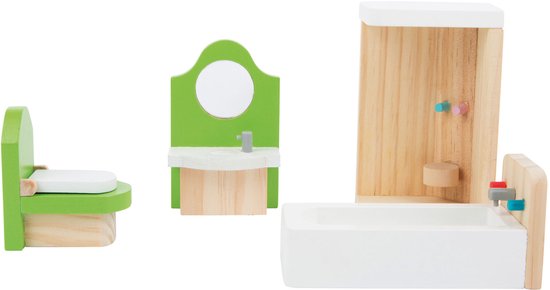 Houten toilet, wastafel met spiegel, douchecabine en bad. Pastelkleurige details.