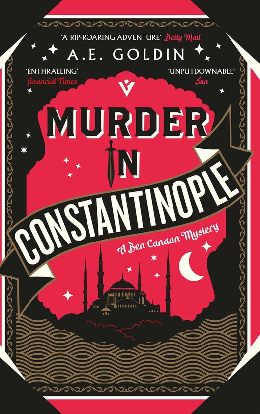 Boekomslag 'Murder in Constantinople' met rode en zwarte elementen, een beeltenis van een moskee en de titel in grote letters.