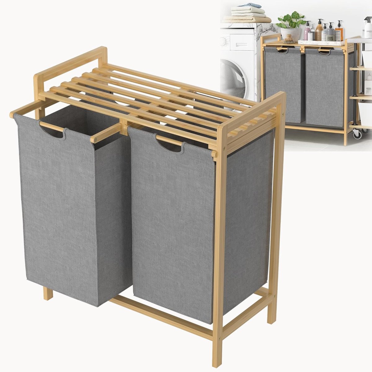 Aufun Wasmand - 2 compartimenten - van bamboe - met plank - uitneembare waszakken - wasscheider - voor slaapkamer en wasruimte - grijs