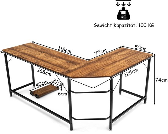 Computertafel, L-vormige hoekbureau, bureau, kantoortafel, E1-spaanbord