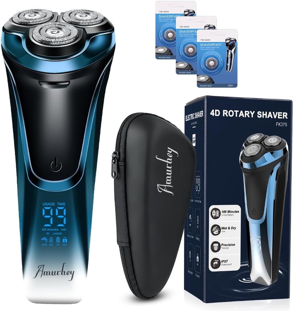 Elektrisch Scheerapparaat voor Heren met 3 Reservekoppen en Pop-Up Trimmer – 99 Minuten Accuduur en LED-Display
