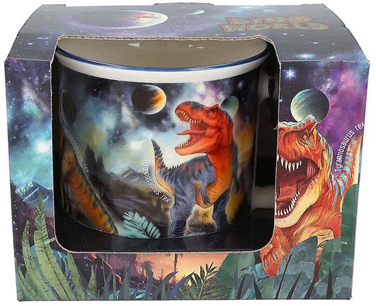 Mok met dinosaurusprint in een verpakking. De mok toont een T-Rex in een buitenaardse omgeving met de tekst 'DINO WORLD'.