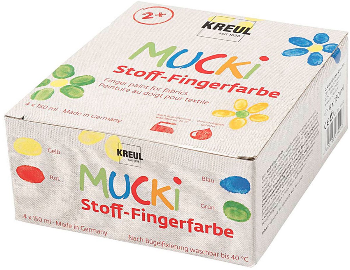 Mucki textiel vingerverf - 4 x 150 ml vingerverf voor textiel - kleuren geel, rood, blauw & groen