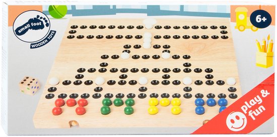 Doos van Small Foot Houten Barricade Dobbelspel met speelbord, pionnen en dobbelsteen.