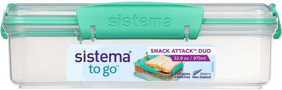 Vooraanzicht van de mintgroene Sistema Snack Attack Duo lunchbox met etiket.