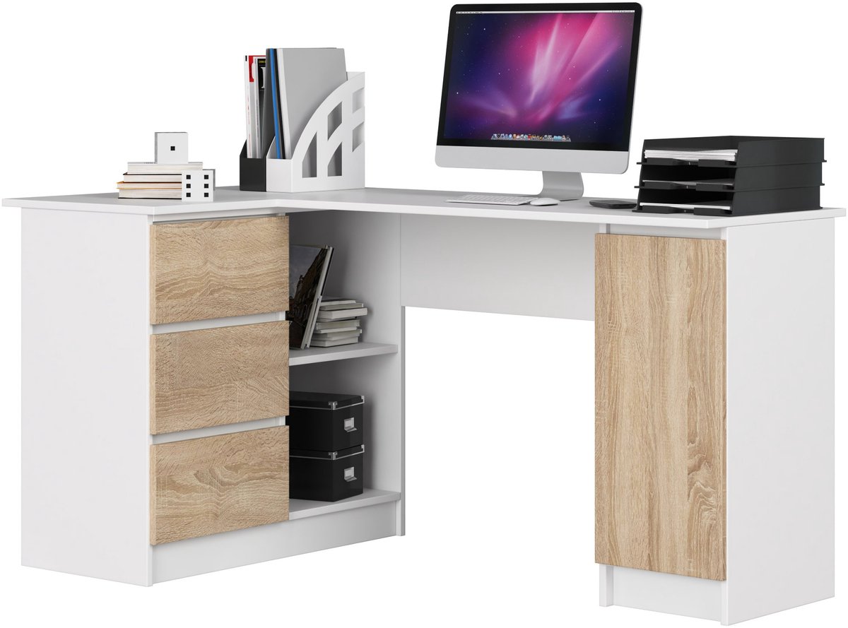 Hoekbureau Links B20 / Computerbureau / Computer Tafel / Bureautafel Links/ Wit – Sonoma Eik / 155 x 77 x 85 cm