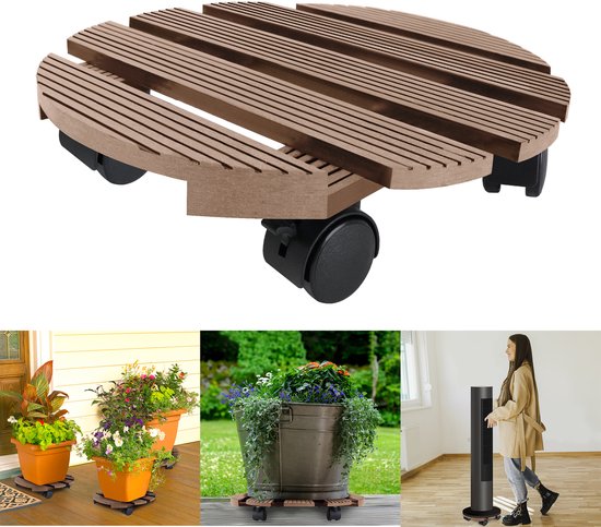 FIVMEN Plantenroller, vierkant, 2 x rolplank, planten, WPC, bloemenroller, 30 cm, bloempot, onderzetter met wieltjes, buiten, MAX. 100 kg, bruin
