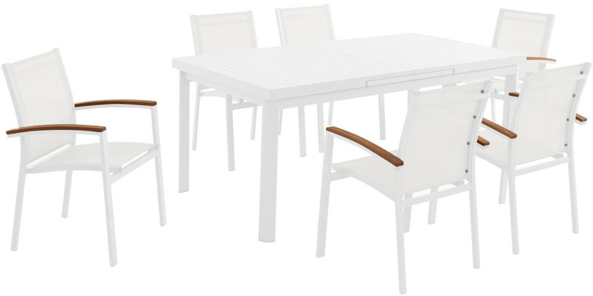 Tuinset van aluminium tafel en acaciahouten stoelen in wit - NAURU van MYLIA