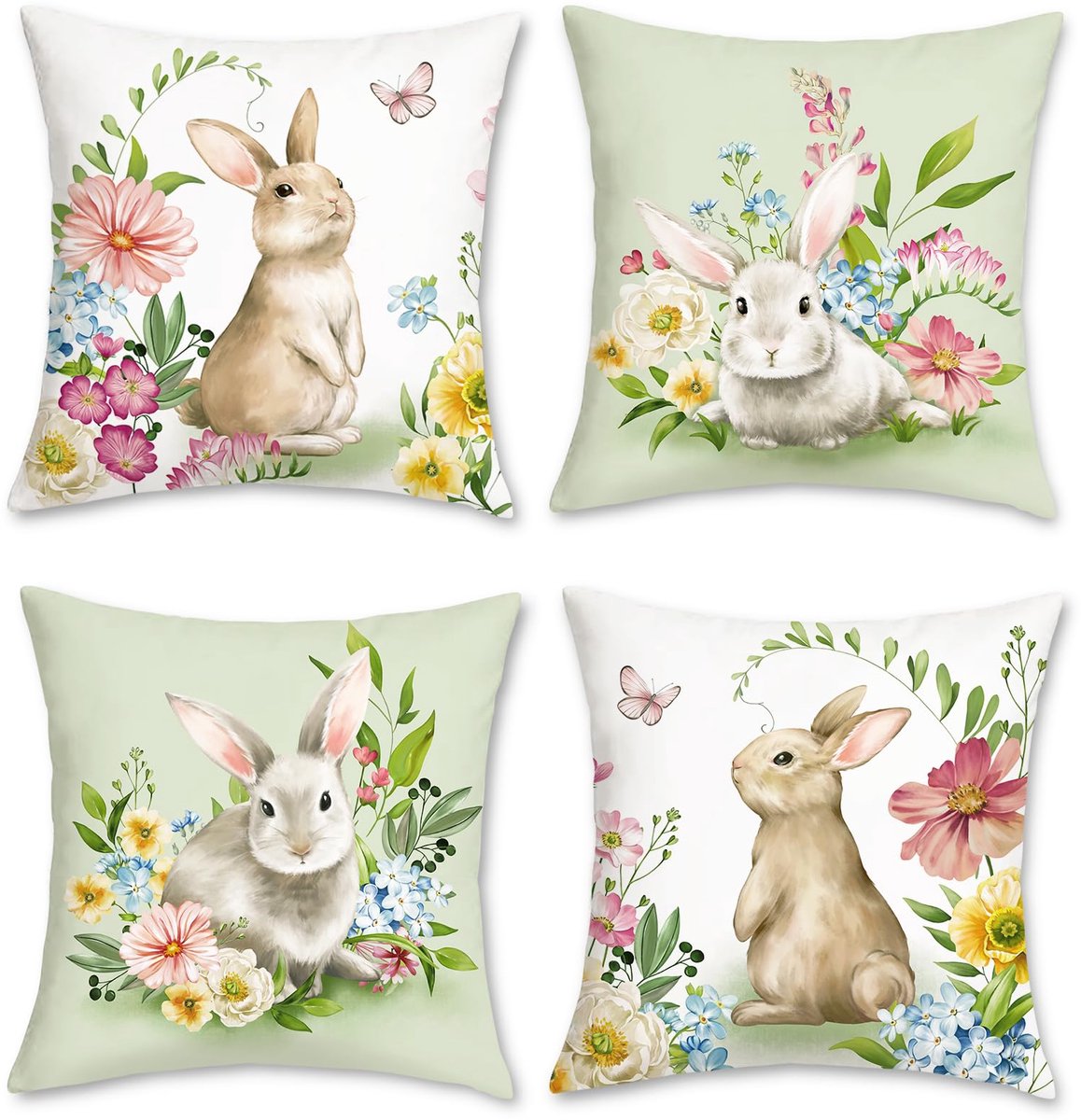 Unyqoos ® Verfrissende Set van 4 Lentethema Kussenhoezen met Konijnen en Bloemen voor Uw Interieur groen