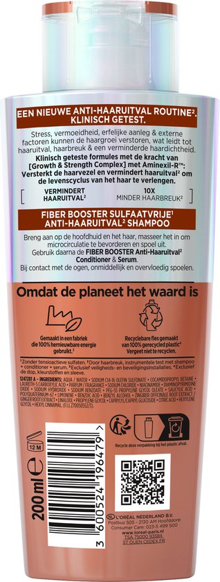 Achterkant van de L'Oréal Elvive Fiber Booster shampoofles met informatie over de formule, ingrediënten en verpakking.