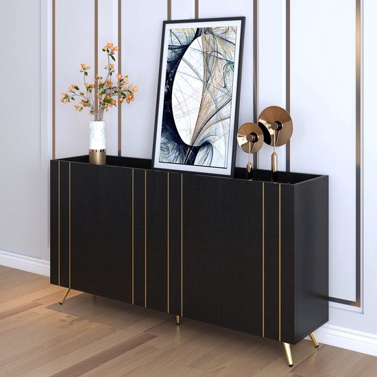 Buffet Moderne Merax 4 Portes – Noir Avec Accents Dorés, Poignées Métal, étagères Réglables – Pour Salon, Salle à Manger - 5