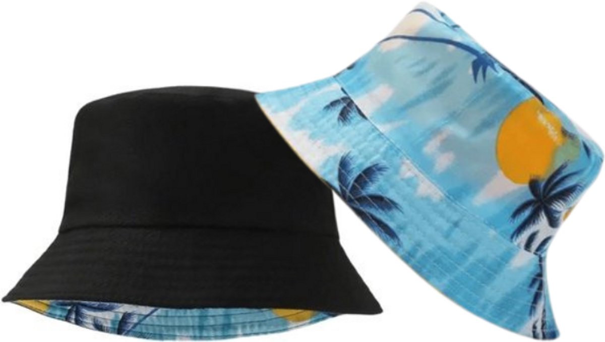 Bucket Hat - Omkeerbaar Vissershoedje - Dubbellaags - Zwart & Palmboomprint - Reversible - Hoofdomtrek 54-56 cm - Dames - Heren - Regenhoedje - Zonnehoedje - Emmerhoed - Hoed - Unisex