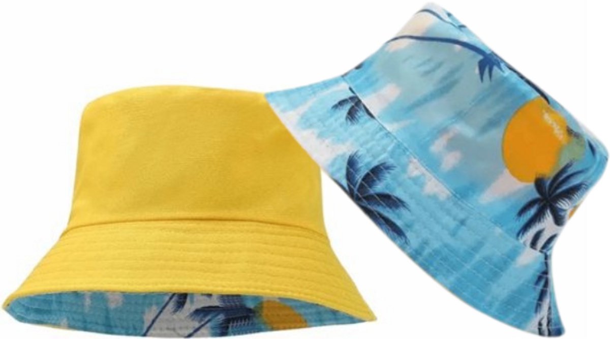 Bucket Hat - Omkeerbaar Vissershoedje - Dubbellaags - Geel & Palmboomprint - Reversible - Hoofdomtrek 54-56 cm - Dames - Heren - Regenhoedje - Zonnehoedje - Emmerhoed - Hoed - Unisex