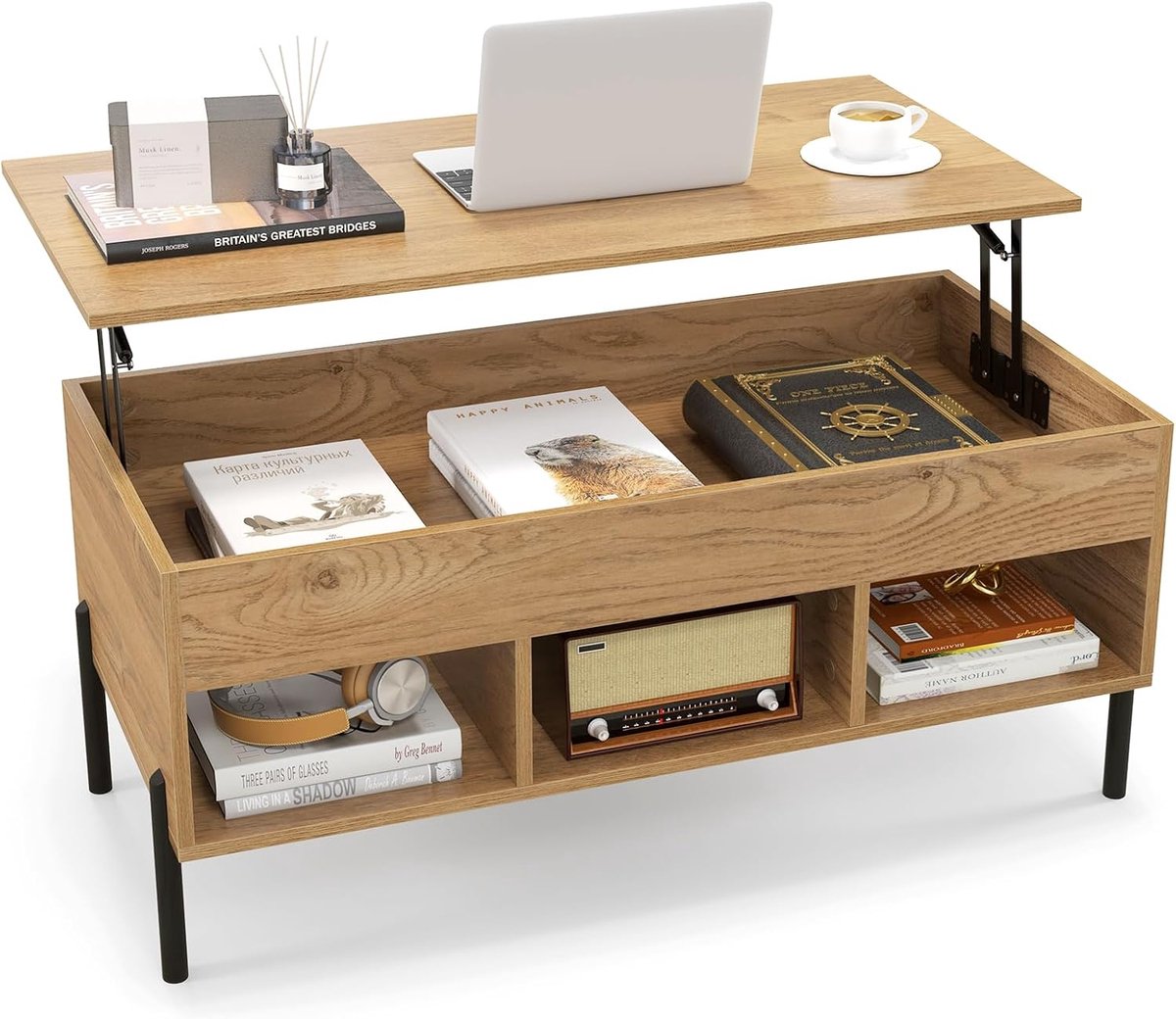 COSTWAY Salontafel, in hoogte verstelbaar, bijzettafel met opklapbaar tafelblad en 3 open vakken, woonkamertafel van hout met groot verborgen vak, koffietafel voor woonkamer, kantoor, natuur