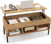 COSTWAY Salontafel, in hoogte verstelbaar, bijzettafel met opklapbaar tafelblad en 3 open vakken, woonkamertafel van hout met groot verborgen vak, koffietafel voor woonkamer, kantoor, natuur