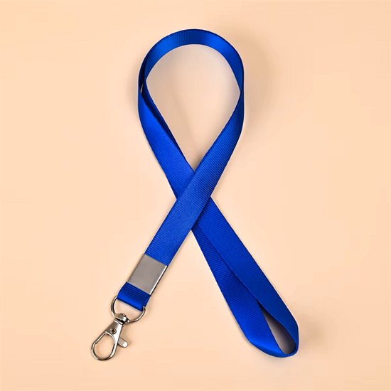 Lanière bleue avec clip argenté et pince en métal.