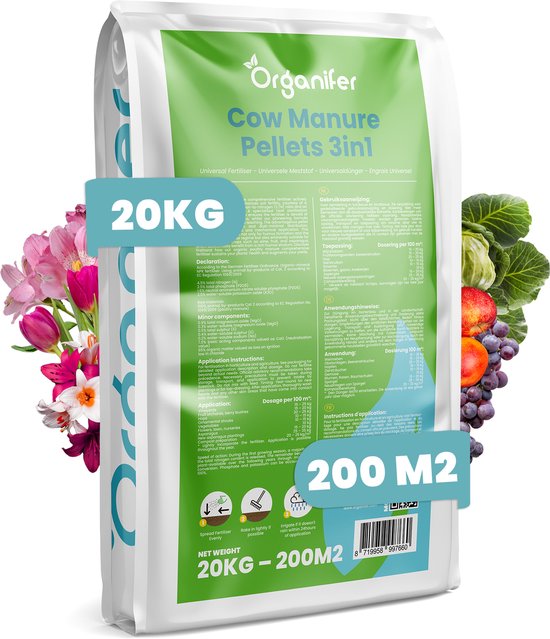 Koemestkorrels 3in1 (20kg, 200m2) - Allround Organische Meststof - Koemest - Mestkorrels - Bodemverbeteraar - Gedroogde Koemestkorrels - Direct opneembare voeding - Lavameel Toevoeging - Langdurige Werking - Organifer