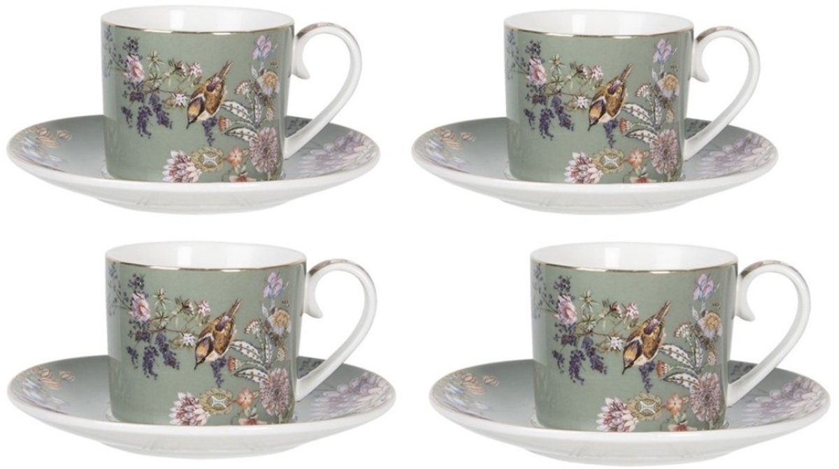 Clayre en Eef - Serviesset van Porselein - 4 x kop en schoten met Vogels motief - 220ml