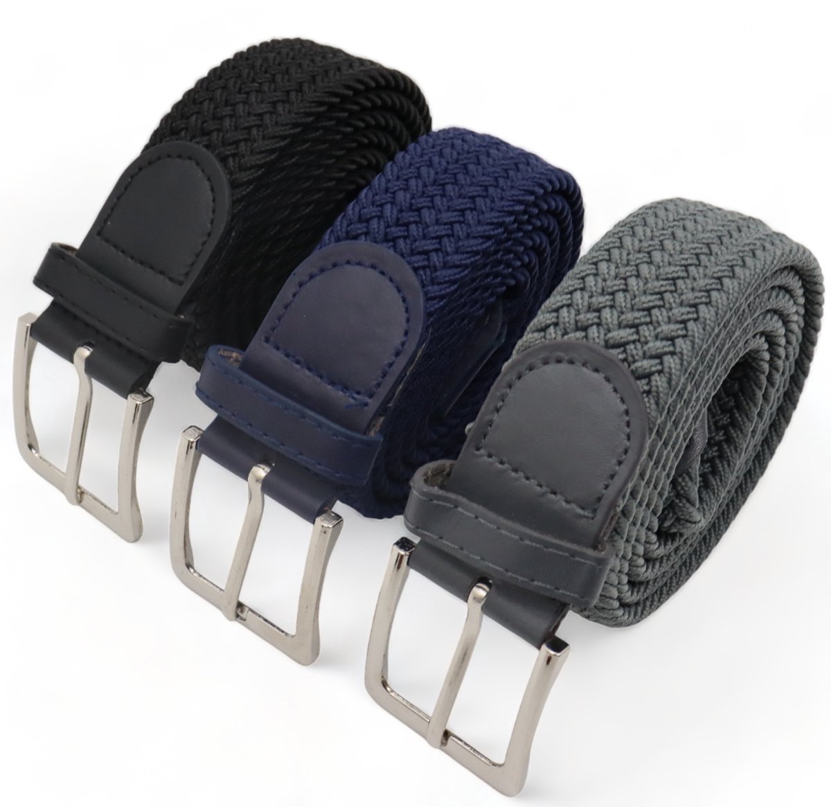 120 cm - Elastische broekriem Stretch riem Vlecht riem Gevlochten riem Elastiek riem - unisex - Kleur 1-Bruin 2-Grijs 3-Zwart 3 pack deal van JVS bags