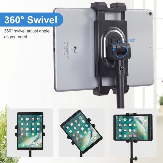 Zwarte tabletstandaard met 360° draaibare klem, toont tablet in diverse hoeken.