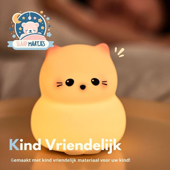 Geel verlicht katten nachtlampje van zacht siliconen met schattig gezichtje. De tekst 'Kind Vriendelijk' staat erbij.