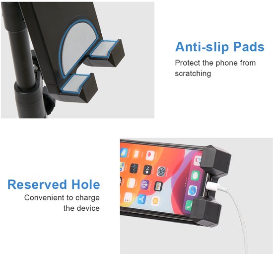 Detail van anti-slip klemmen en laadpoort op een telefoonhouder.