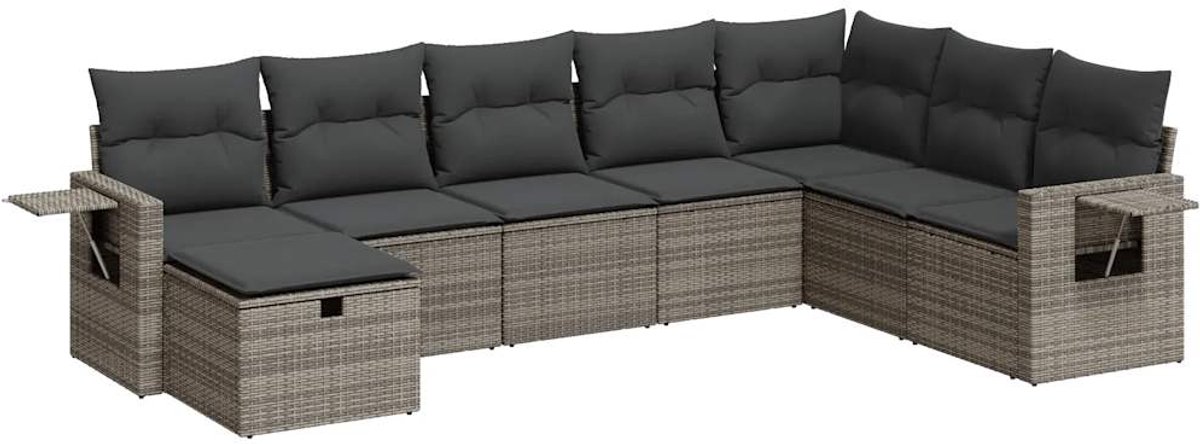 The Living Store 8-delige Loungeset met kussens poly rattan grijs - Loungebank - Lounge Set - Tuinset - Buitendecoratie - Tuinmeubelen