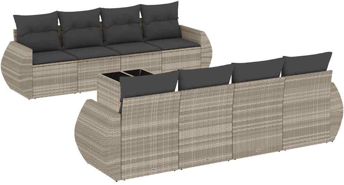 The Living Store 9-delige Loungeset met kussens poly rattan lichtgrijs - Loungebank - Lounge Set - Tuinbank - Buitentijnen - Tuinmeubles