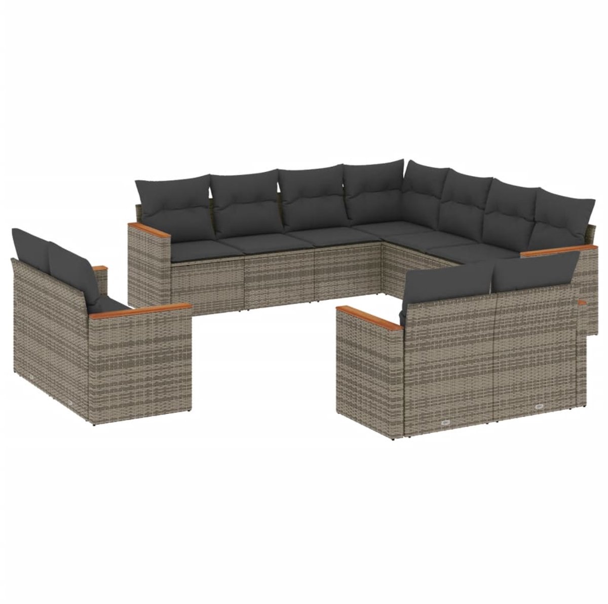 The Living Store 11-delige Loungeset met kussens poly rattan grijs - Loungebank - Tuinset - Lounge Set - Buis Meubel - Outdoor Furniture