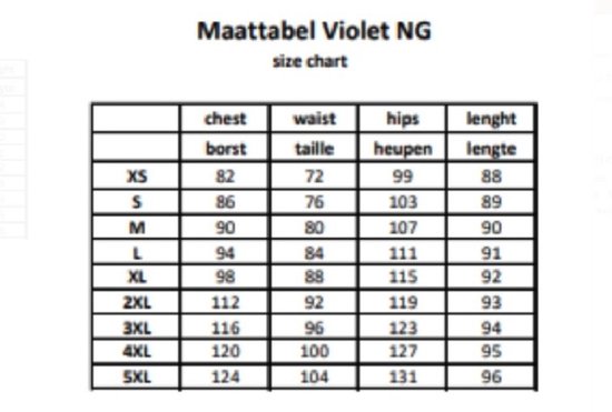 Maattabel Violet NG damesmaten in cm.