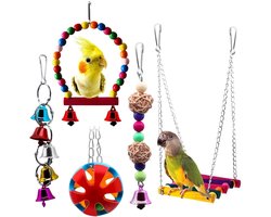 Papegaaienschommelset met kauwspeeltjes - 5 stuks houten hangende bellen met hangmatladder - kleurrijk vogelkooispeelgoed - voor kleine parkieten, kaketoes, conures, grasparkieten, ara's, papegaaien, lovebirds