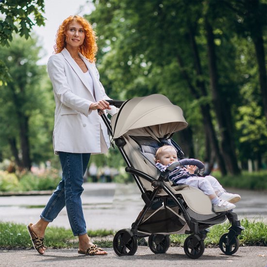 M2 Memores Plooibuggy Beige - Buggy Inklapbaar Inclusief Regenhoes, Bekerhouder en Tassenhaken - Peuter -Extra licht & Compact voor Vliegtuig, Auto & OV - Extra Veilig en Wendbaar door Grote Massieve Wielen - Tot 4 jaar - Kinderwagens - Wandelwagen — afbeelding 4
