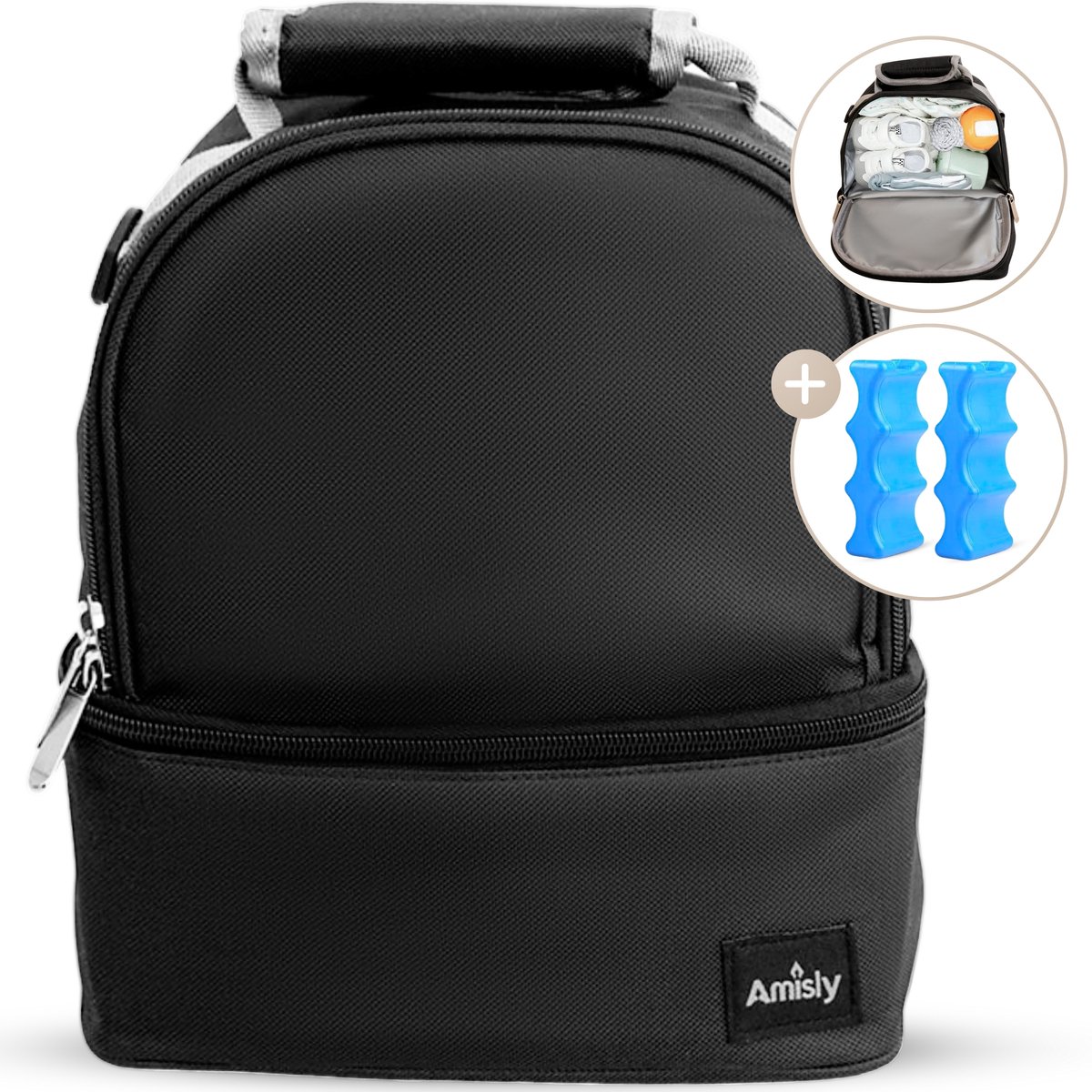 Amisly Luxe Koeltas Zwart - Kolftas Met 2 Koelelementen - Baby Voeding Vervoeren - Moedermelk tot 12 uur Koel - Lunchtas - Voor Onderweg