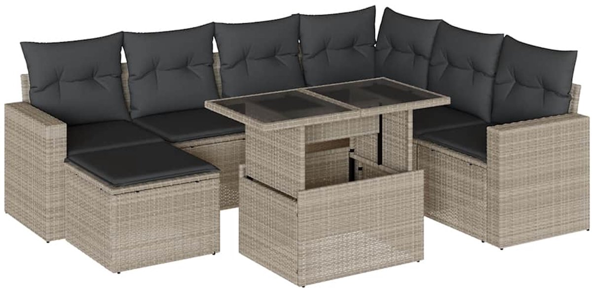 The Living Store 8-delige Loungeset met kussens poly rattan lichtgrijs - Loungebank - Lounge Set - Tuinmeubels - Buitendecoratie - Outdoor Living