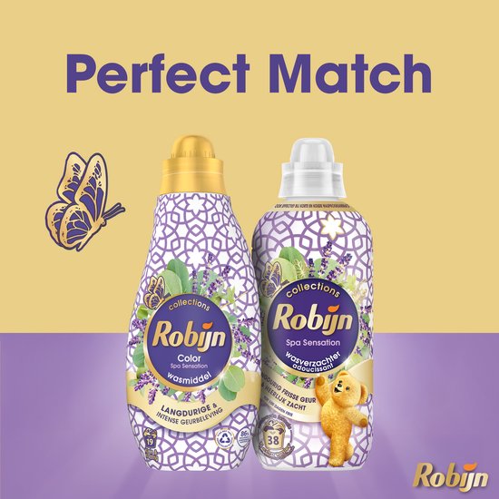 Een fles Robijn Color wasmiddel en een fles Robijn wasverzachter met paarse print, bloemen en een vlinder.