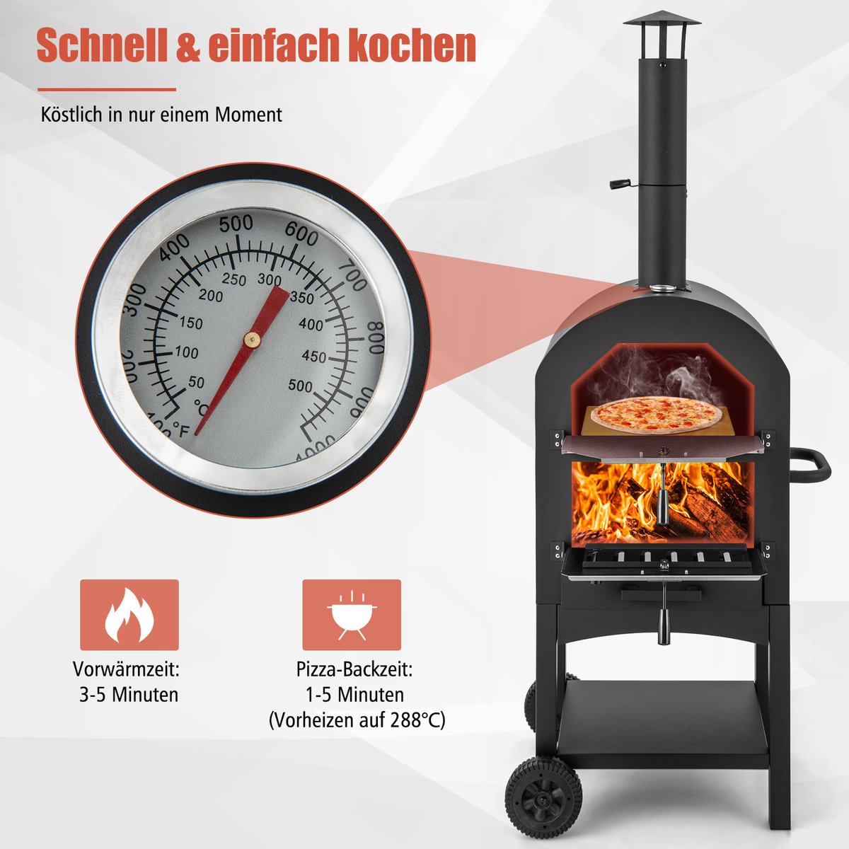 COSTWAY 4-in-1 pizzaoven, outdoor grill, houtgestookte pizzaoven met waterdichte afdekking, pizzasteen, pizzaschep en grillrooster, draagbare tuinoven voor tuin, camping, feest