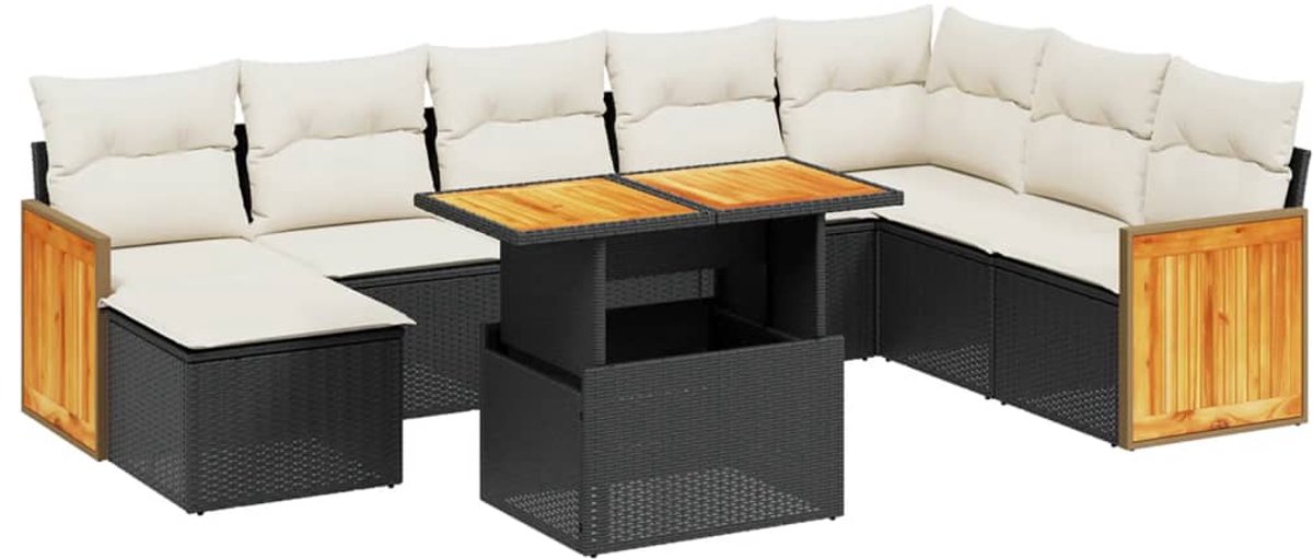 The Living Store 9-delige Loungeset met kussens poly rattan zwart - Loungeset - Set Tuinmeubels - Lounge Set Zwart - Pe Rattan - Modulair Design