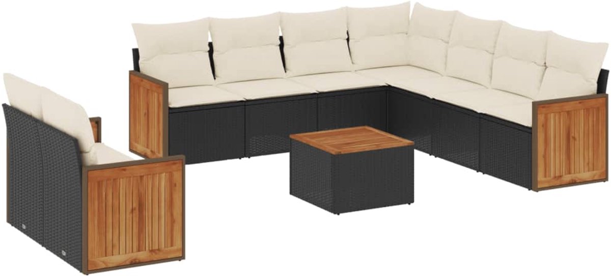 The Living Store 10-delige Loungeset met kussens poly rattan zwart - Loungeset - Lounge Set - Buitendecoratie - Tuinmeubels - Outdoor Furniture