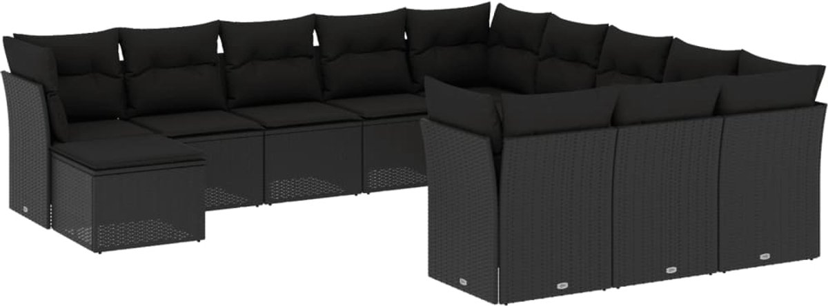 The Living Store 12-delige Loungeset met kussens poly rattan zwart - Loungeset - Lounge Set - Tuinlounge - Buitentijnen - Loungebank