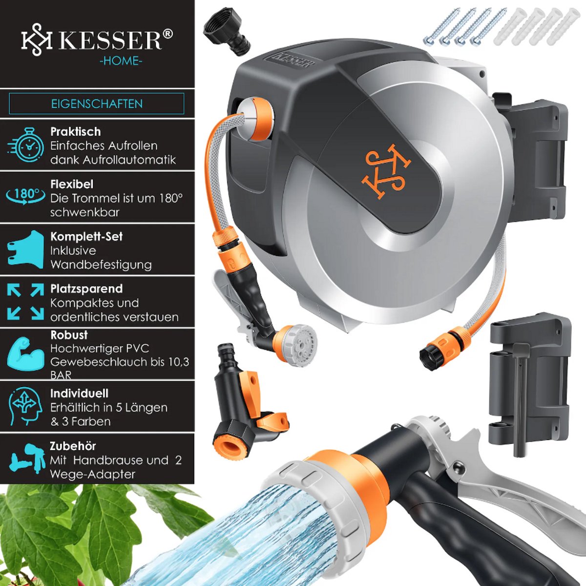 KESSER® slanghaspel met tuinslang | Waterslanghaspel voor wandmontage