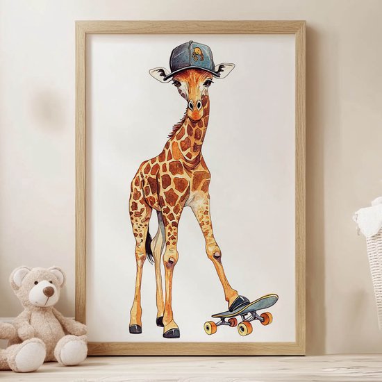 Gouden Frame Wandposter Giraf Op Skateboard 50X70 Cm